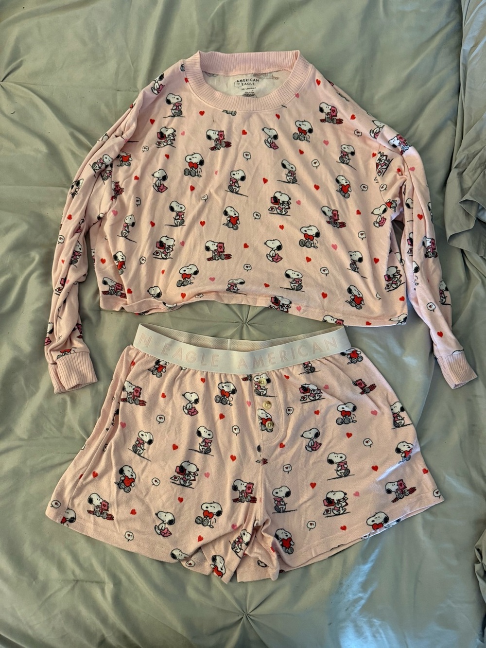 American Eagle Outfitters Pink Snoopy Heart Pajama Set